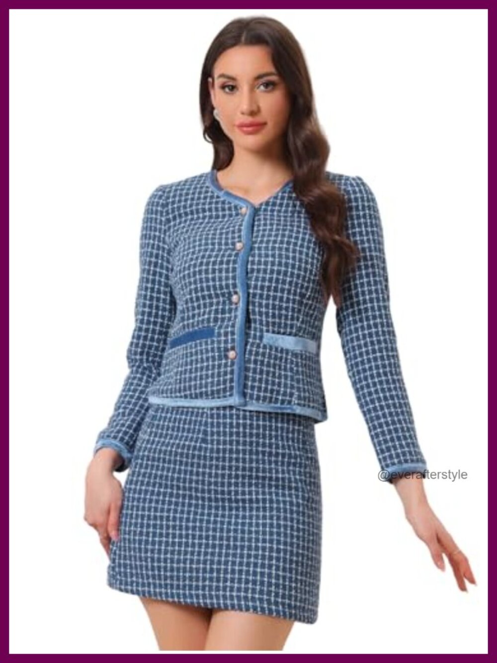 Allegra K Women's Tweed Business Suit Set Plaid Blazer Mini Skirt